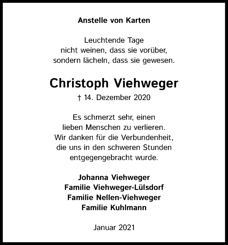  Traueranzeige für Christoph Viehweger vom 23.01.2021 aus Kölner Stadt-Anzeiger / Kölnische Rundschau / Express