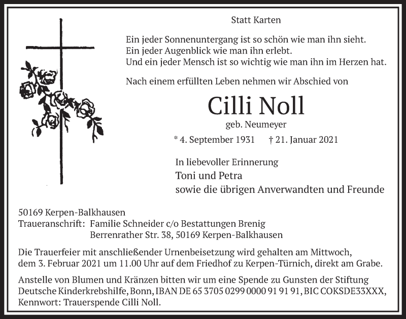  Traueranzeige für Cilli Noll vom 29.01.2021 aus  Werbepost 