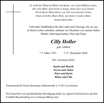 Anzeige von Cilly Holler von Kölner Stadt-Anzeiger / Kölnische Rundschau / Express
