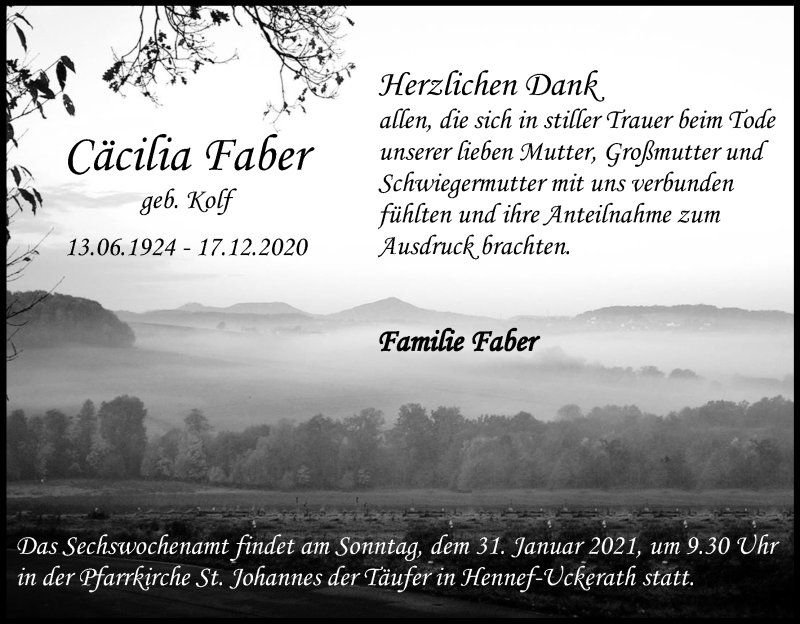  Traueranzeige für Cäcilia Faber vom 09.01.2021 aus Kölner Stadt-Anzeiger / Kölnische Rundschau / Express