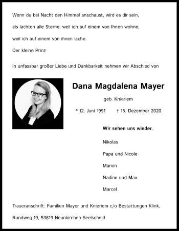 Anzeige von Dana Magdalena Mayer von Kölner Stadt-Anzeiger / Kölnische Rundschau / Express