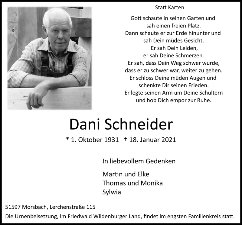  Traueranzeige für Dani Schneider vom 22.01.2021 aus  Lokalanzeiger 