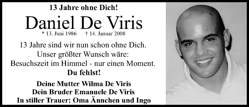  Traueranzeige für Daniel De Viris vom 14.01.2021 aus Kölner Stadt-Anzeiger / Kölnische Rundschau / Express