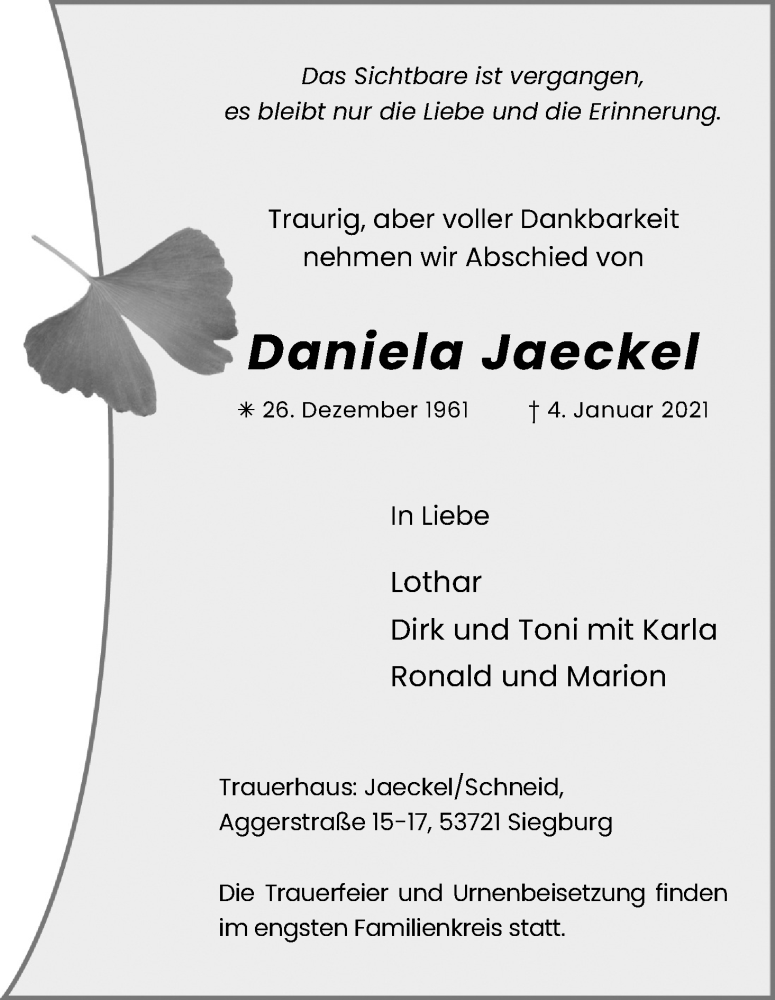  Traueranzeige für Daniela Jaeckel vom 16.01.2021 aus Kölner Stadt-Anzeiger / Kölnische Rundschau / Express