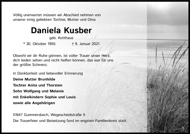  Traueranzeige für Daniela Kusber vom 23.01.2021 aus Kölner Stadt-Anzeiger / Kölnische Rundschau / Express