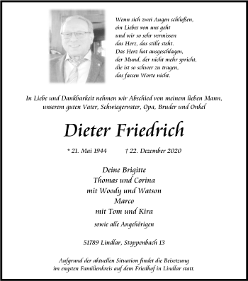 Anzeige von Dieter Friedrich von Kölner Stadt-Anzeiger / Kölnische Rundschau / Express