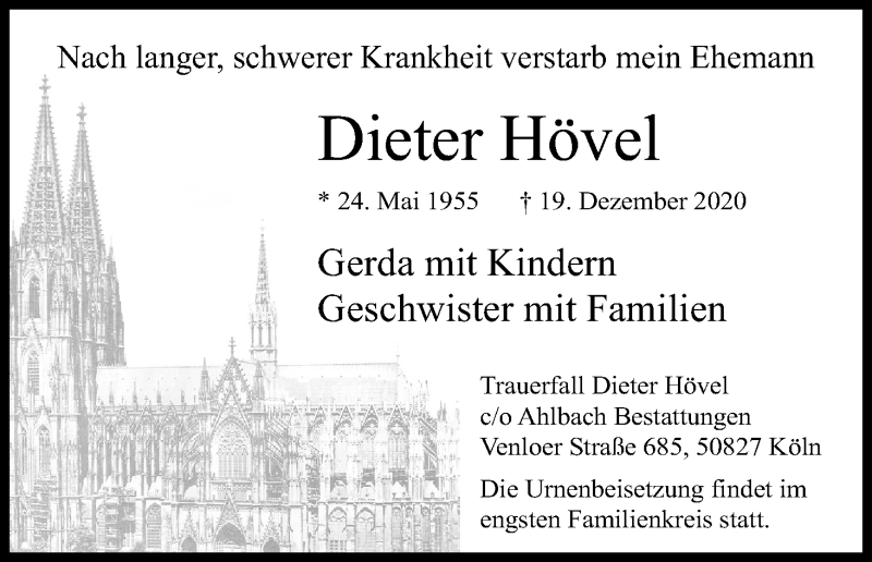  Traueranzeige für Dieter Hövel vom 02.01.2021 aus Kölner Stadt-Anzeiger / Kölnische Rundschau / Express