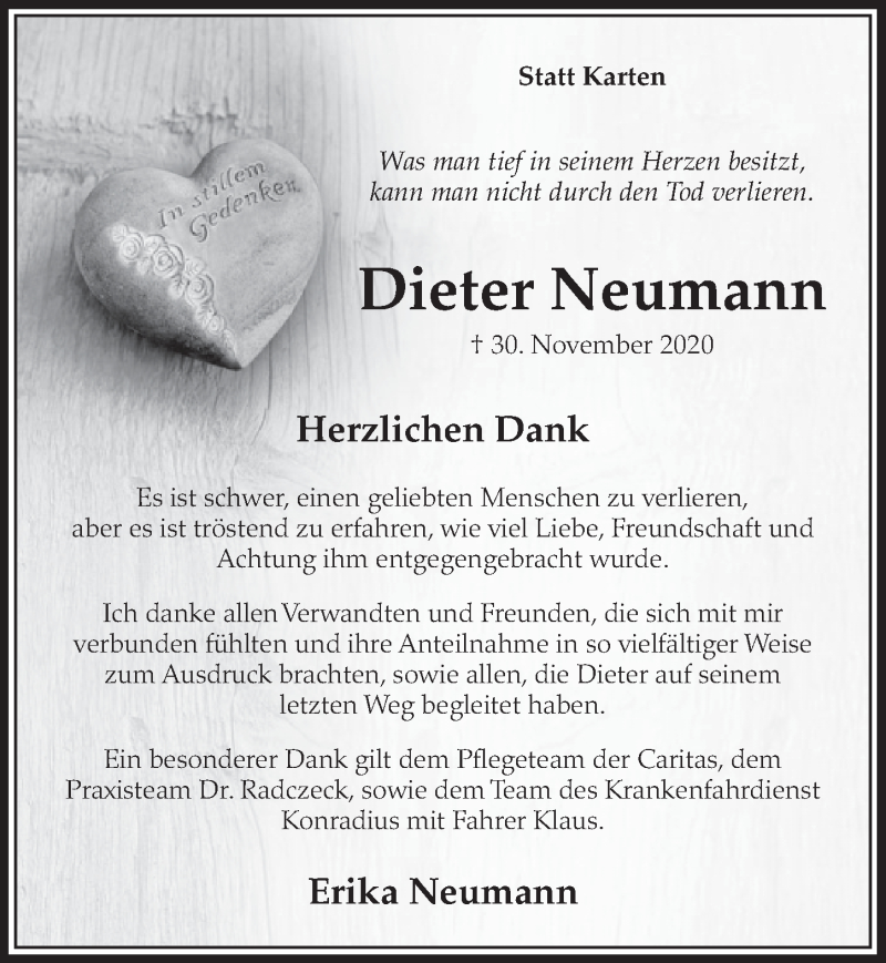  Traueranzeige für Dieter Neumann vom 22.01.2021 aus  Werbepost 