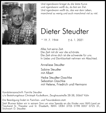 Anzeige von Dieter Steudter von Kölner Stadt-Anzeiger / Kölnische Rundschau / Express
