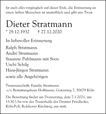 Anzeige von Dieter Stratmann von Kölner Stadt-Anzeiger / Kölnische Rundschau / Express