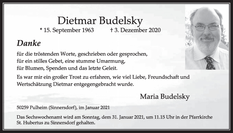  Traueranzeige für Dietmar Budelsky vom 22.01.2021 aus  Wochenende 