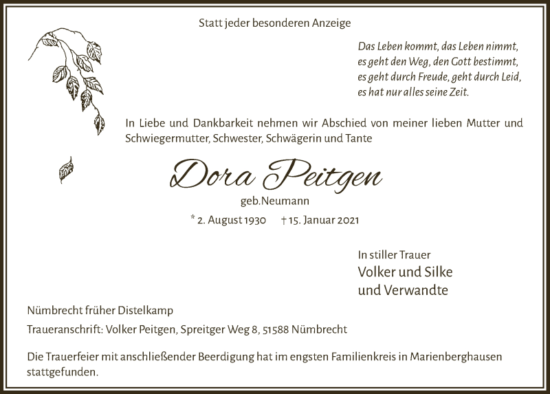  Traueranzeige für Dora Peitgen vom 22.01.2021 aus  Lokalanzeiger 