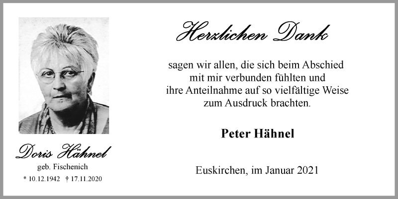  Traueranzeige für Doris Hähnel vom 16.01.2021 aus  Blickpunkt Euskirchen 