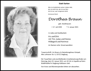 Anzeige von Dorothea Braun von Kölner Stadt-Anzeiger / Kölnische Rundschau / Express