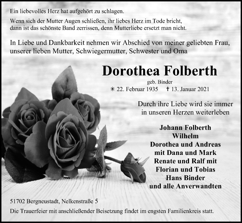  Traueranzeige für Dorothea Folberth vom 16.01.2021 aus Kölner Stadt-Anzeiger / Kölnische Rundschau / Express