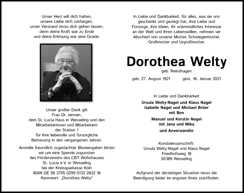  Traueranzeige für Dorothea Welty vom 23.01.2021 aus Kölner Stadt-Anzeiger / Kölnische Rundschau / Express