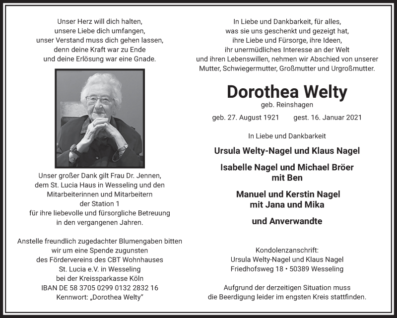  Traueranzeige für Dorothea Welty vom 22.01.2021 aus  Schlossbote/Werbekurier 