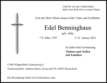 Anzeige von Edel Benninghaus von Kölner Stadt-Anzeiger / Kölnische Rundschau / Express