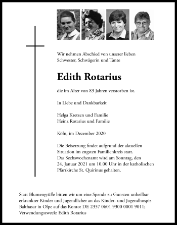 Anzeige von Edith Rotarius von Kölner Stadt-Anzeiger / Kölnische Rundschau / Express