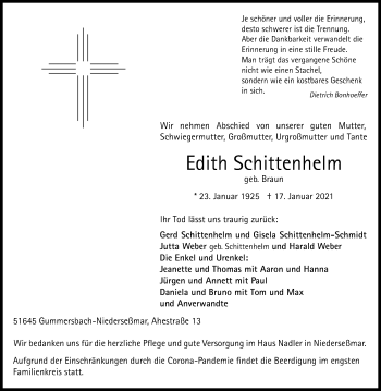 Anzeige von Edith Schittenhelm von Kölner Stadt-Anzeiger / Kölnische Rundschau / Express