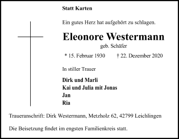 Anzeige von Eleonore Westermann von Kölner Stadt-Anzeiger / Kölnische Rundschau / Express