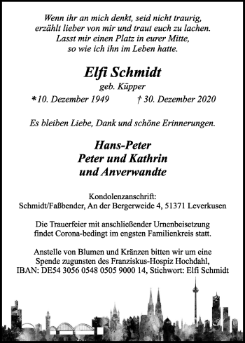 Anzeige von Elfi Schmidt von Kölner Stadt-Anzeiger / Kölnische Rundschau / Express