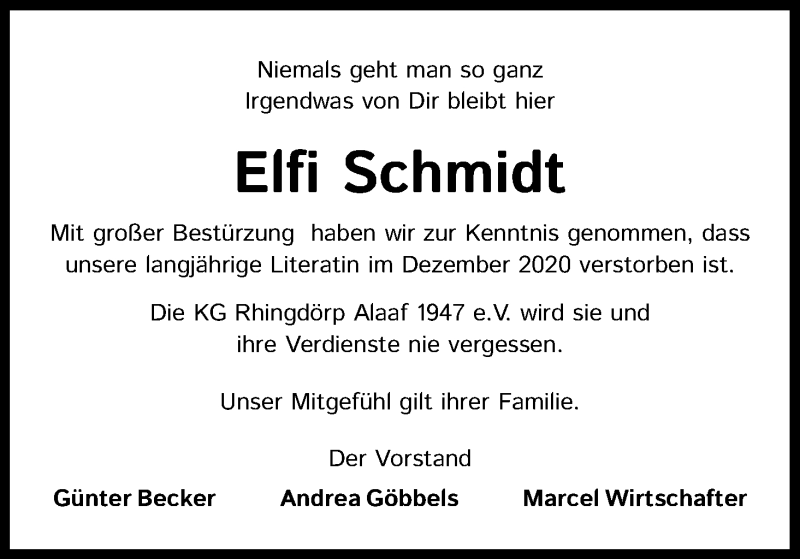  Traueranzeige für Elfi Schmidt vom 27.01.2021 aus Kölner Stadt-Anzeiger / Kölnische Rundschau / Express