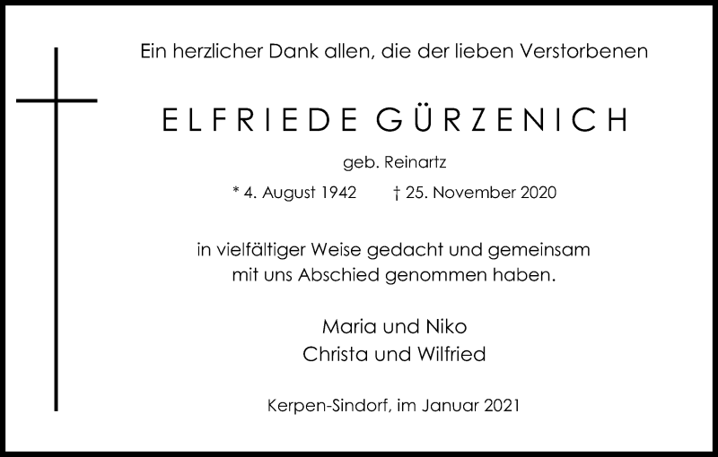 Traueranzeige für Elfriede Gürzenich vom 09.01.2021 aus Kölner Stadt-Anzeiger / Kölnische Rundschau / Express