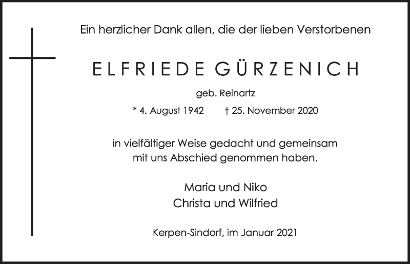  Traueranzeige für Elfriede Gürzenich vom 08.01.2021 aus  Werbepost 