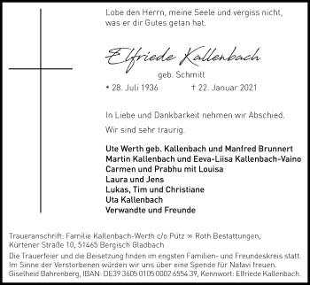 Anzeige von Elfriede Kallenbach von Kölner Stadt-Anzeiger / Kölnische Rundschau / Express