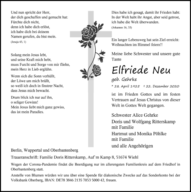  Traueranzeige für Elfriede Neu vom 02.01.2021 aus  Anzeigen Echo 