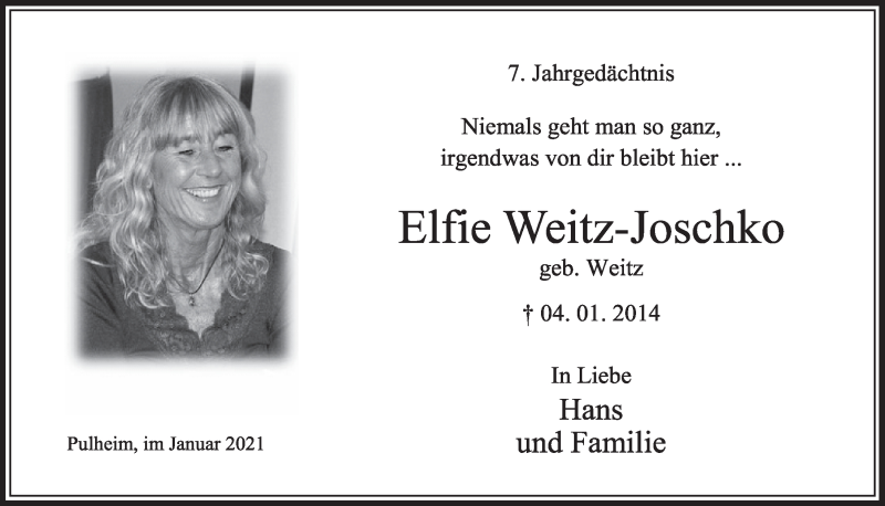  Traueranzeige für Elfte Weitz-Joschko vom 08.01.2021 aus  Wochenende 