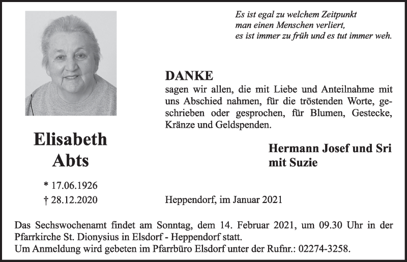  Traueranzeige für Elisabeth Abts vom 29.01.2021 aus  Werbepost 