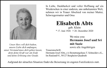 Anzeige von Elisabeth Abts von Kölner Stadt-Anzeiger / Kölnische Rundschau / Express