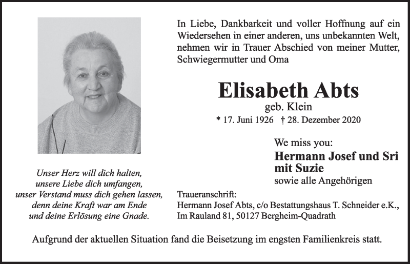  Traueranzeige für Elisabeth Abts vom 08.01.2021 aus  Werbepost 
