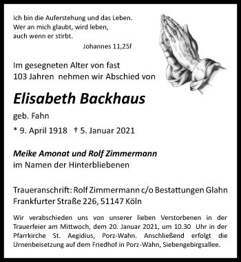 Anzeige von Elisabeth Backhaus von  Kölner Wochenspiegel 