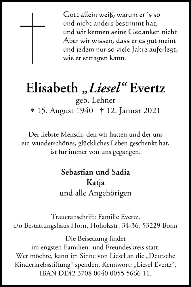  Traueranzeige für Elisabeth Evertz vom 23.01.2021 aus Kölner Stadt-Anzeiger / Kölnische Rundschau / Express