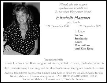 Anzeige von Elisabeth Hammes von Kölner Stadt-Anzeiger / Kölnische Rundschau / Express