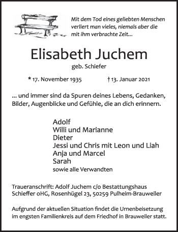 Anzeige von Elisabeth Juchem von  Wochenende 
