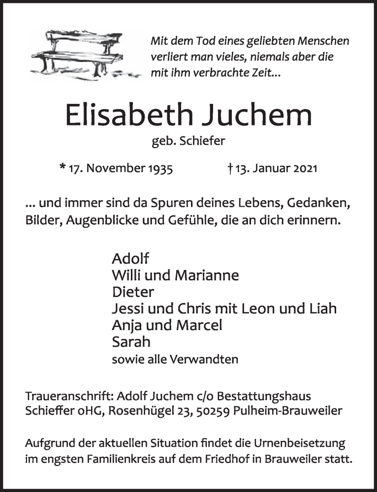  Traueranzeige für Elisabeth Juchem vom 22.01.2021 aus  Wochenende 