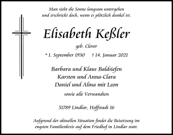 Anzeige von Elisabeth Keßler von Kölner Stadt-Anzeiger / Kölnische Rundschau / Express