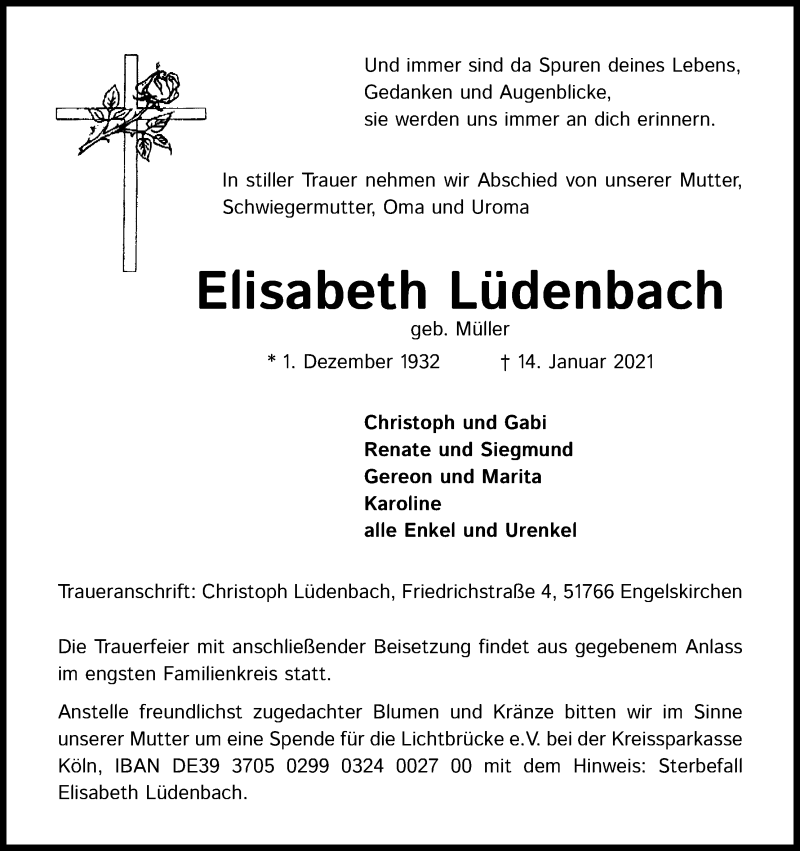  Traueranzeige für Elisabeth Lüdenbach vom 16.01.2021 aus Kölner Stadt-Anzeiger / Kölnische Rundschau / Express
