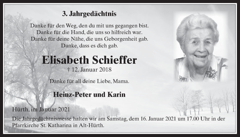  Traueranzeige für Elisabeth Schieffer vom 15.01.2021 aus  Wochenende 