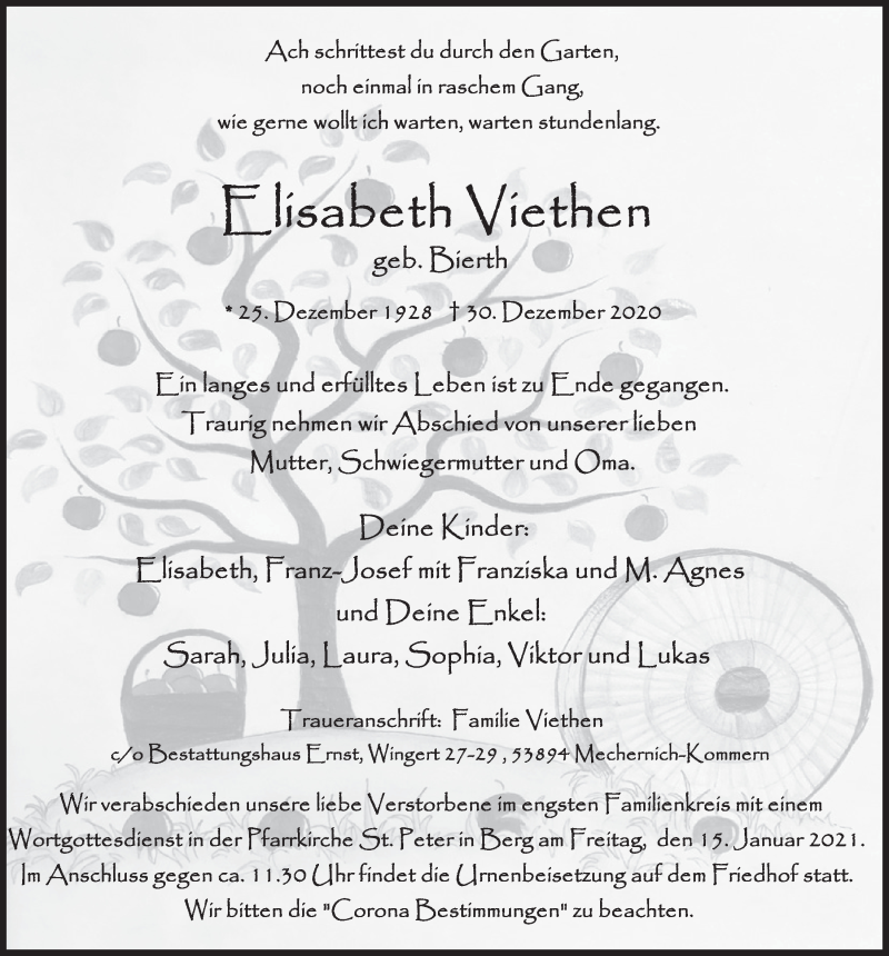  Traueranzeige für Elisabeth Viethen vom 09.01.2021 aus  Blickpunkt Euskirchen 