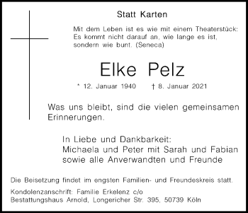 Anzeige von Elke Pelz von Kölner Stadt-Anzeiger / Kölnische Rundschau / Express