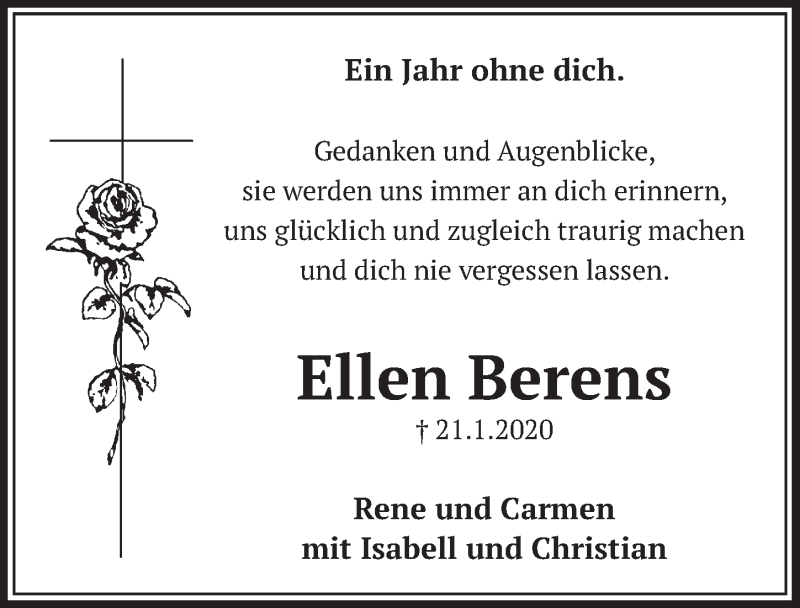 Traueranzeige für Ellen Berens vom 22.01.2021 aus  Schlossbote/Werbekurier 