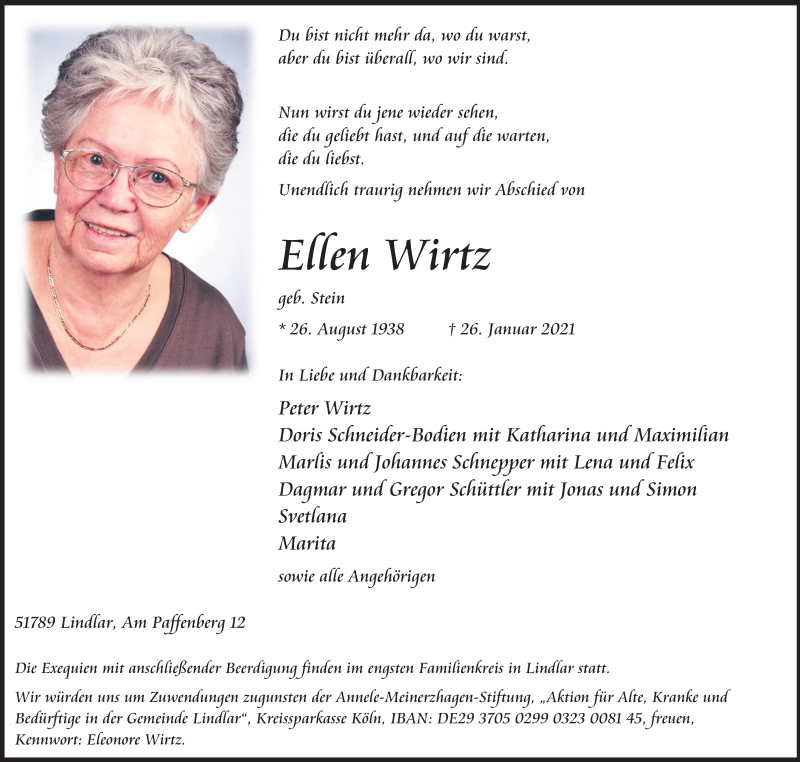  Traueranzeige für Ellen Wirtz vom 30.01.2021 aus Kölner Stadt-Anzeiger / Kölnische Rundschau / Express