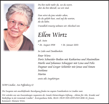 Anzeige von Ellen Wirtz von Kölner Stadt-Anzeiger / Kölnische Rundschau / Express
