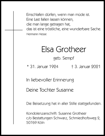 Anzeige von Elsa Grotheer von Kölner Stadt-Anzeiger / Kölnische Rundschau / Express