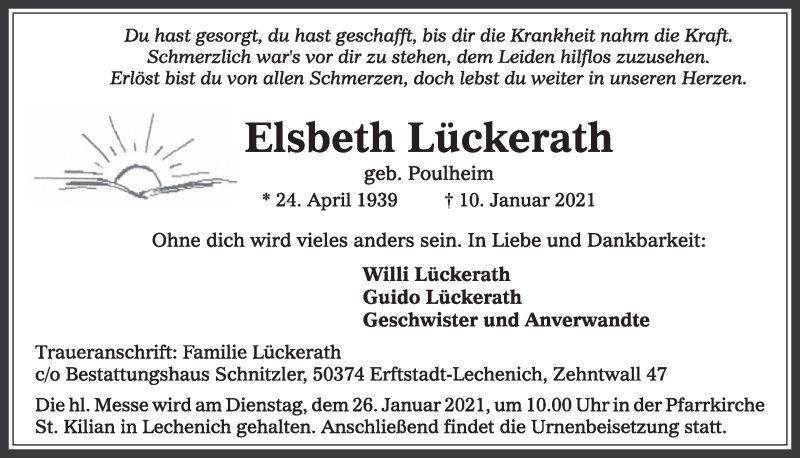  Traueranzeige für Elsbeth Lückerath vom 15.01.2021 aus  Werbepost 